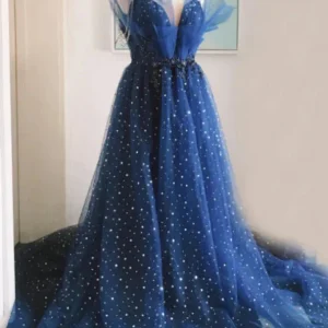 Evening Dresses import placeholder for unique v neck beaded blue long prom dres 160218942