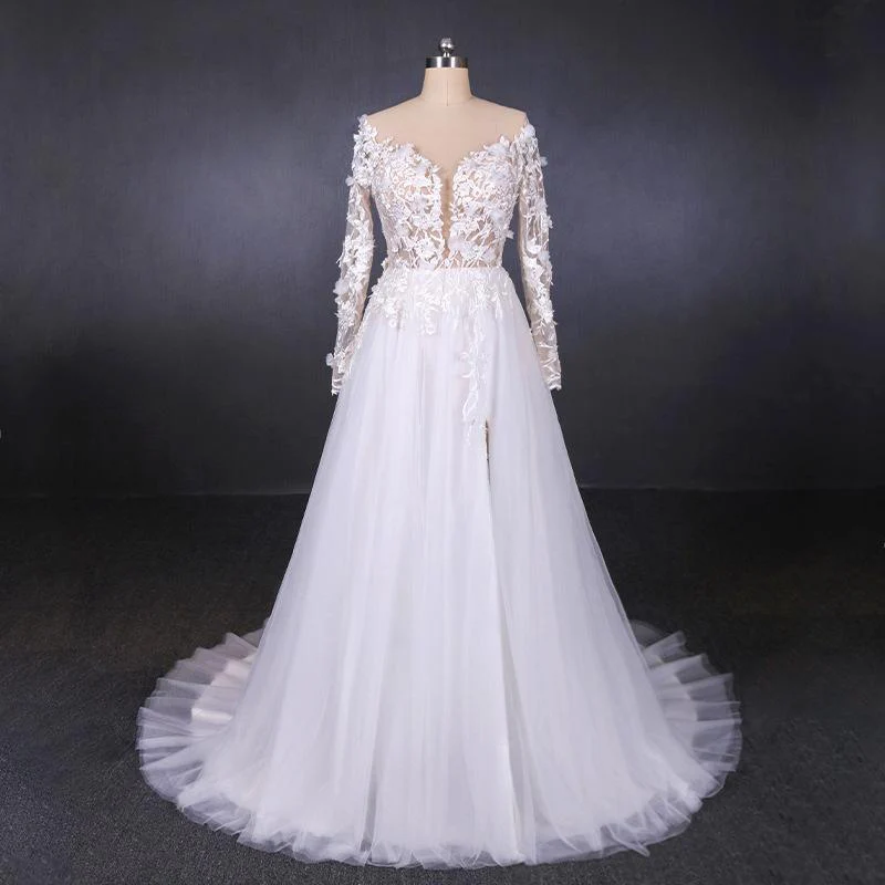 a line tulle lace appliques long sleeves wedding dress, cheap bridal dresses dmq28 a line tulle lace appliques long sleeves wedding dress, cheap bridal dresses dmq28
