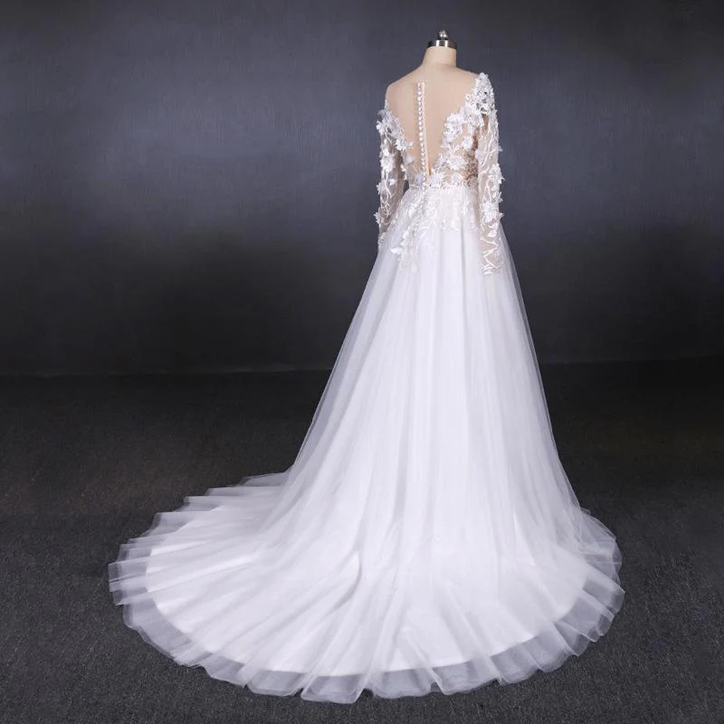 a line tulle lace appliques long sleeves wedding dress, cheap bridal dresses dmq28 a line tulle lace appliques long sleeves wedding dress, cheap bridal dresses dmq28