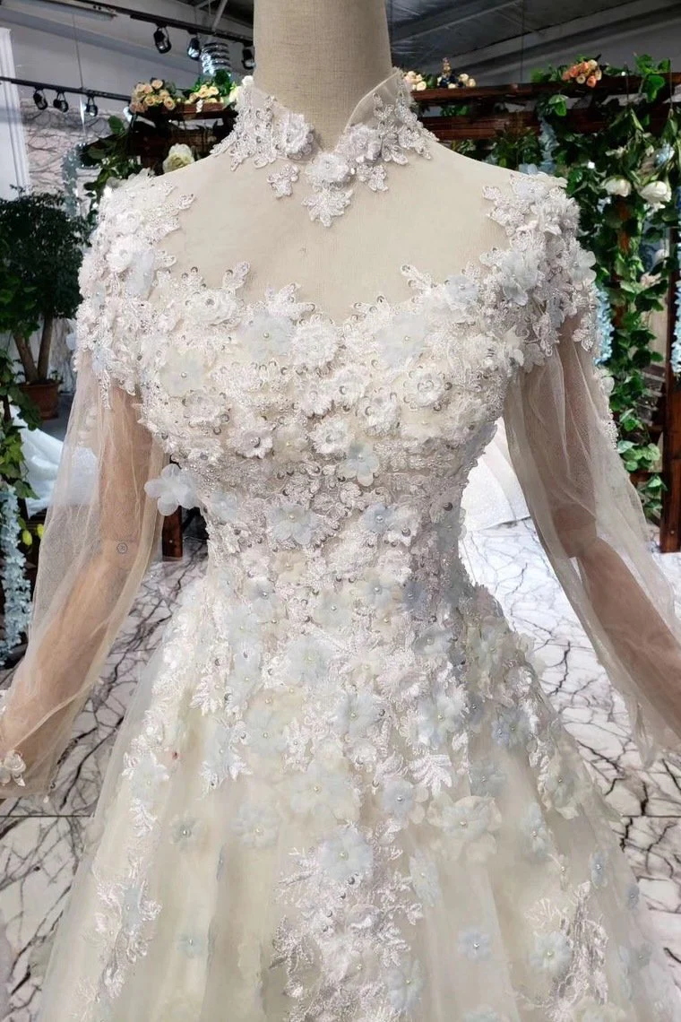 tulle high neck long sleeves handmade flowers wedding dresses dmk12 tulle high neck long sleeves handmade flowers wedding dresses dmk12