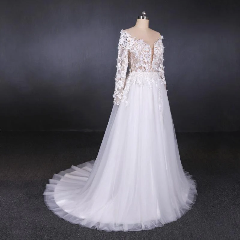 a line tulle lace appliques long sleeves wedding dress, cheap bridal dresses dmq28 a line tulle lace appliques long sleeves wedding dress, cheap bridal dresses dmq28